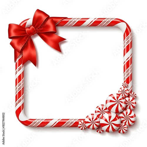 Candy cane frame border decorated with red ribbon and peppermint candy