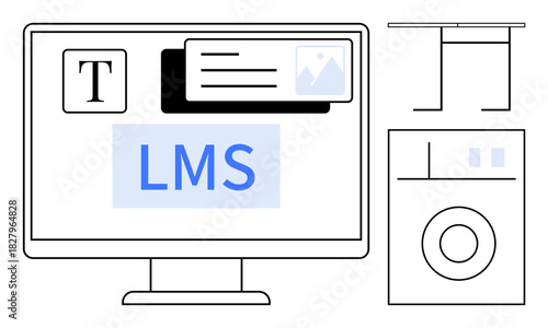 Desktop screen displaying LMS text, text formatting tool, multimedia content, and file management icons. Ideal for education, software interface, online learning, digital organization, teaching