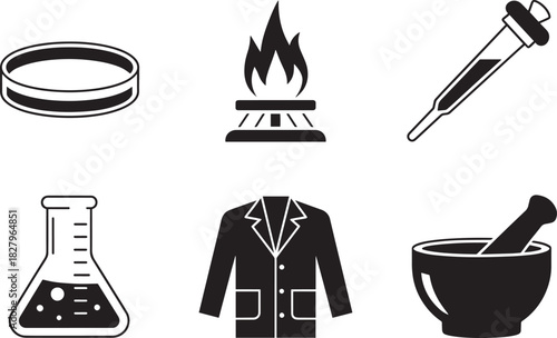 Science laboratory equipment icons set vector silhouettes showing flask pipette petri dish and coat