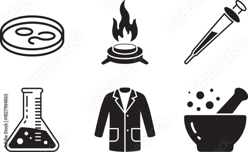 Scientific laboratory apparatus black silhouette collection vector icons for biology and chemistry