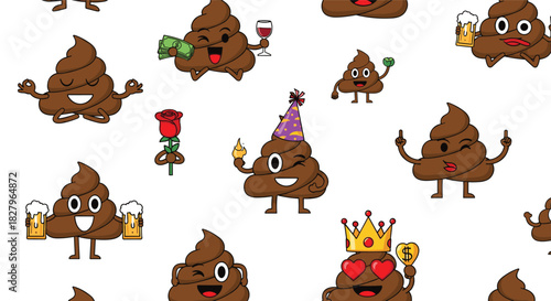 Funny and seamless pattern of various cartoon poop emojis with different expressions and activities on a clean white background.