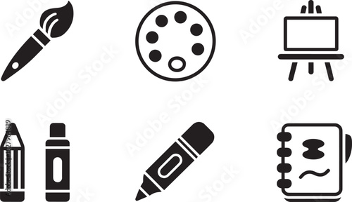 Set of art supply icons outline style brush palette easel pencil marker and notebook isolated