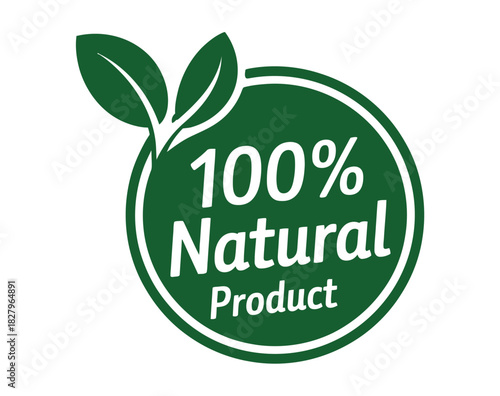 A 100% natural product emblem with green leaves symbolizes purity and organic quality.