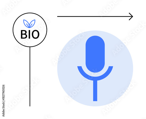 Blue microphone and bio label with plant, connected by arrow. Ideal for podcast, audio production, eco-friendly media, sound recording, green branding, communication sustainability awareness. Simple