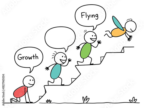 Stick figures ascend stairs symbolizing growth and achieving dreams.