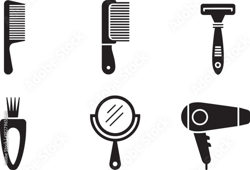 Set of black silhouette icons representing various hairdressing and grooming tools on checker background