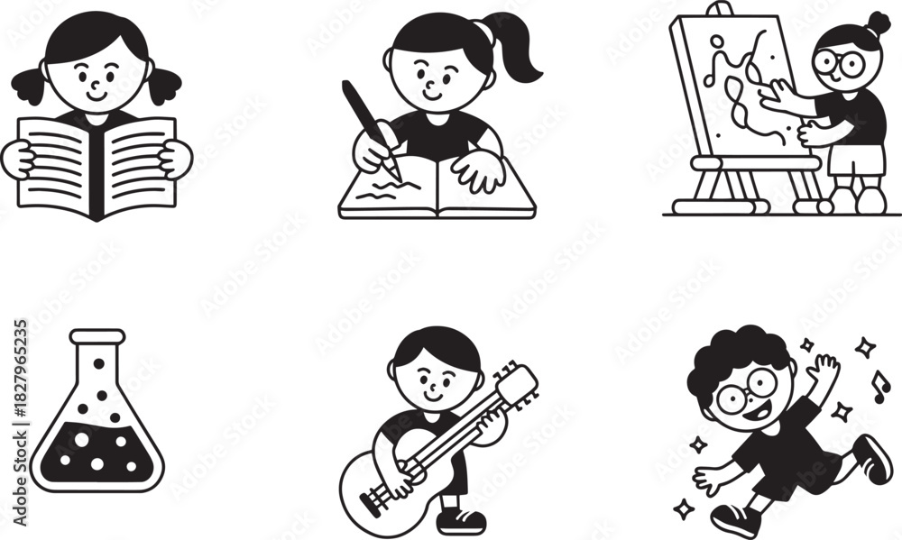 Obraz premium Set of outline icons featuring various children engaged in educational and creative activities