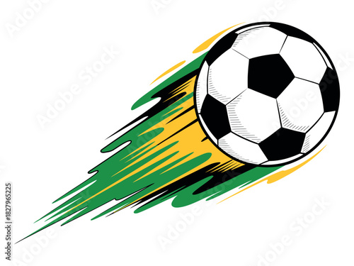 A soccer ball streaks across the field with motion trails representing speed and dynamism.