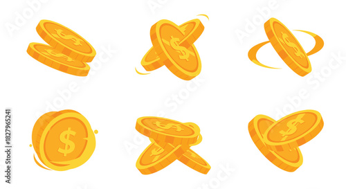Collection of golden dollar coins in various dynamic poses, including spinning, flipping, and stacked, on a white background.