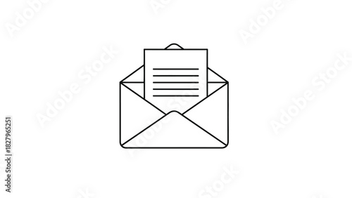 Simple line art icon of an open envelope containing a letter or document. Vector illustration representing mail, email, message, and communication
