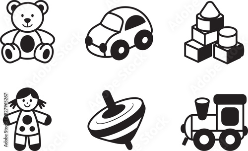Set of outline toy icons including teddy bear car building blocks doll spinning top and train engine