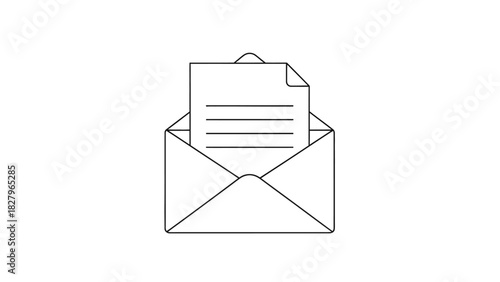 Vector line drawing of an open mail envelope containing a letter. A simple, single icon symbolizing messages, correspondence, and communication