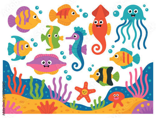 A vibrant collection of cartoon sea creatures swim among coral and bubbles.