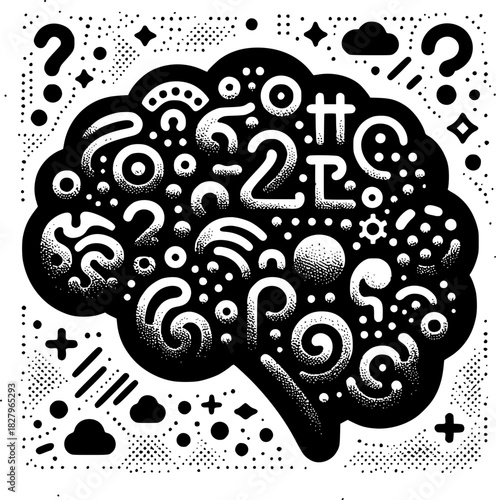 Brain's Complexity: An artistic illustration captures the multifaceted nature of the human brain, filled with symbols, numbers, and shapes, sparking curiosity and inviting contemplation.