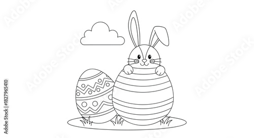 Easter bunny coloring page for children featuring a cute rabbit hiding behind a large decorated egg in a spring meadow.