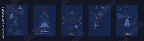 Merry Christmas set blue card, concepts for background, greeting card, party invitation, template, website banner, social media banner, marketing material. Festive Xmas decoration vector illustration