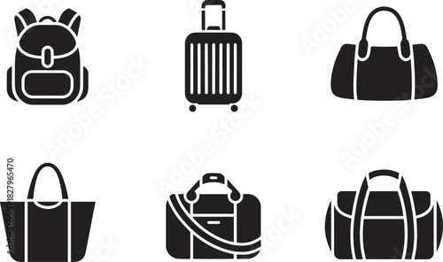 Set of travel accessories icons in black and white featuring backpack suitcase duffel and tote bags