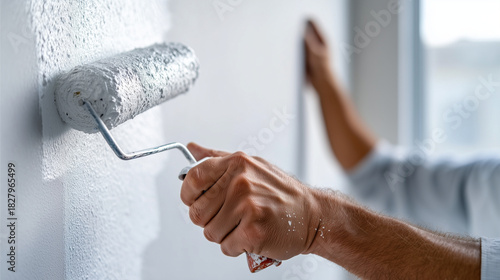 Applying primer to finished drywall. A worker rolls white primer over a freshly finished drywall wall. The slight imperfections in roller texture add a sense of realism and authent