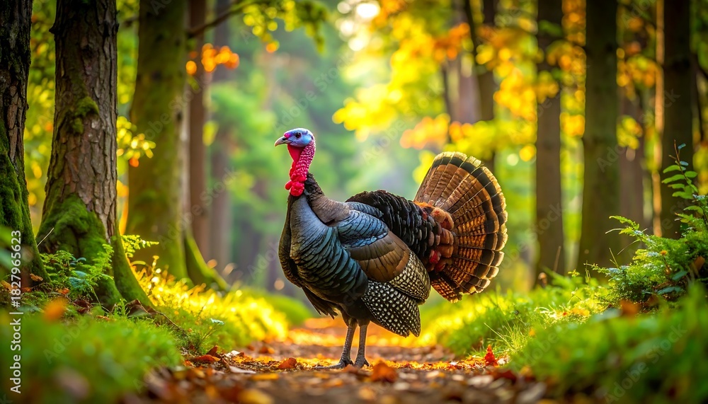 Fototapeta premium Majestic wild turkey in autumn forest path