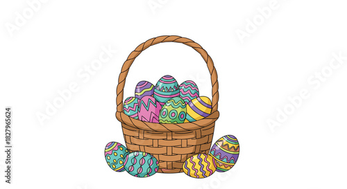 Colorful wicker basket filled with beautifully decorated Easter eggs, a traditional symbol of the spring holiday celebration.