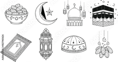 Set of Islamic Ramadan icons, dates, crescent moon, mosque, Kaaba, lantern and prayer rug, black outline style flat vector illustration
