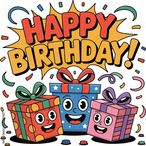 Three cartoon birthday gift boxes with happy faces