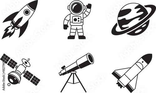 Space exploration icons set featuring astronaut rocket planet satellite telescope and shuttle symbols