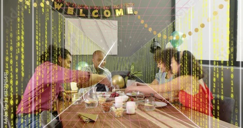 4 friends reaching on welcome cue, serving for events while animated overlay flowing over hands