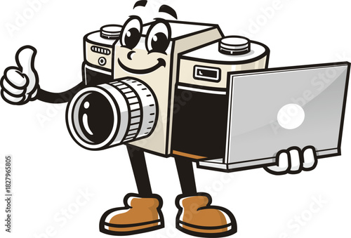 Camera mascot cartoon holding a laptop