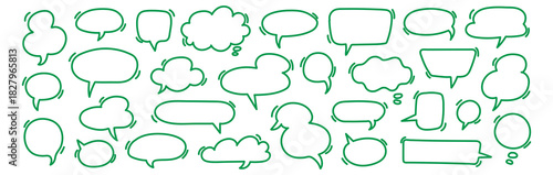 Speech bubble doodle talk set. Hand drawn comic doodle style dialog balloon, thought cloud speech bubble element pack. Cartoons speak elements on a white background. Vector illustration
