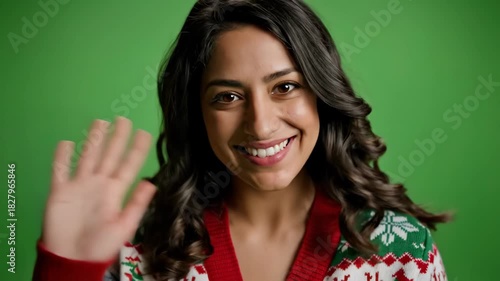 Excited Woman in Festive Christmas Sweater Celebrates with a Triumphant Fist Pump on Green Screen