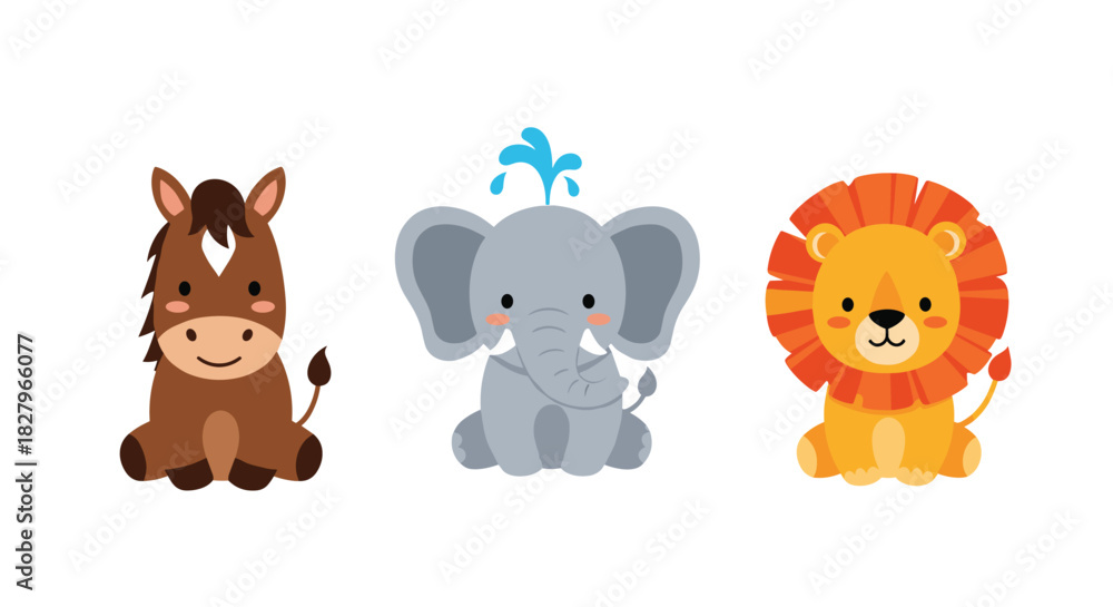 Obraz premium Set of three adorable baby safari animals, including a cute horse, a playful elephant, and a charming little lion.