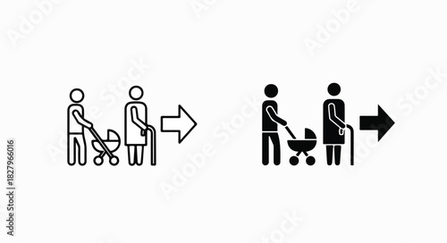 Family with Stroller Walking Toward Right Arrow Symbolizing Family Relocation, Moving House, and New Beginning