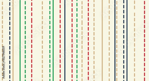 Seamless vintage-style pattern with vertical solid and dashed stripes in classic red, green, blue, and beige colors.