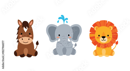 Set of three adorable baby safari animals, including a cute horse, a playful elephant, and a charming little lion.