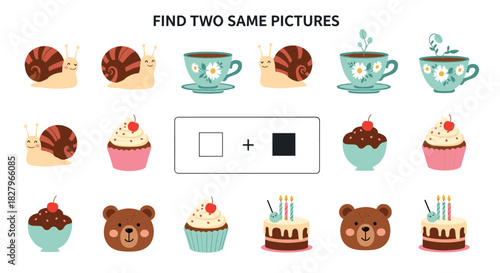 Find two same pictures educational puzzle game for children with cute cartoon illustrations of snails, bears, and desserts.