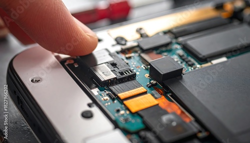 Close up view of someone fixing or repairing a smartphone by hand and exposing the internal circuits