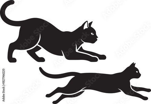 Two black cats in dynamic poses artistic vector graphic design