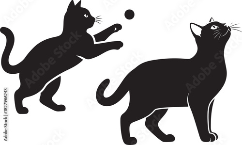 Two black cats playing vector illustration domestic animal silhouette design