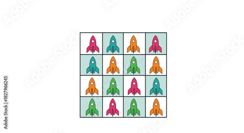 Simple sudoku puzzle game for children using colorful cartoon rockets in a four-by-four grid for easy logic practice.