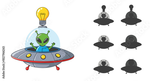 Find the correct shadow puzzle game for kids featuring a cute green alien in a flying saucer with a lightbulb.