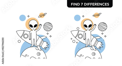 Find seven differences educational puzzle and coloring page for kids, featuring a friendly alien waving from a planet.