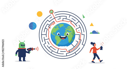Maze puzzle concept illustrating a solution to save the planet, with an alien and a human character finding the path.