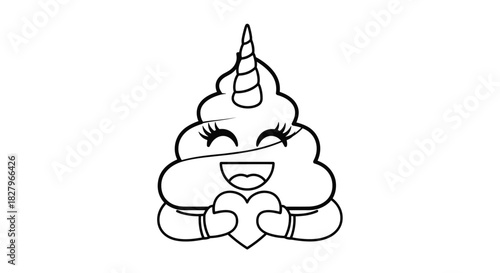 Cute unicorn poop emoji coloring page, a happy kawaii character with a horn and big eyes holding a heart.