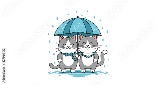Adorable cartoon cat couple standing together under a blue umbrella in the rain, a sweet illustration of love and care.