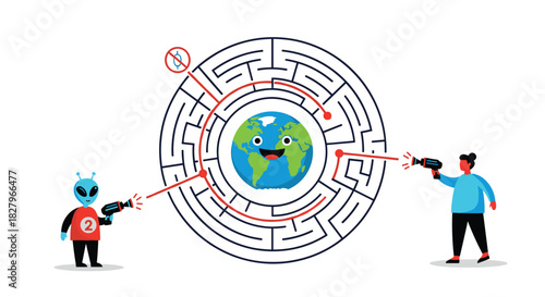 Creative concept of teamwork with an alien and a human solving a circular maze puzzle to protect planet Earth together.