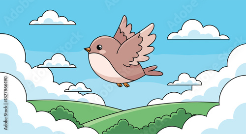 Cute cartoon bird flying happily in a bright blue sky with fluffy white clouds above rolling green hills landscape.