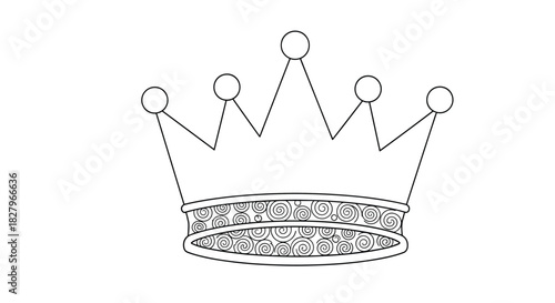 Simple black and white coloring page of a royal crown with circular gems and an intricate swirl pattern band for children's activities.