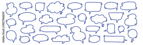 Speech bubble doodle talk set. Hand drawn comic doodle style dialog balloon, thought cloud speech bubble element pack. Cartoons speak elements on a white background. Vector illustration
