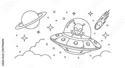 Space-themed coloring page for children with a friendly alien in a flying saucer, planets, stars, and a comet in the background.